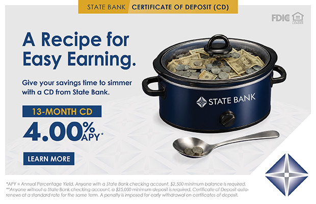 Ad image for State Bank CD offer: a blue pot filled with money on a white patterned surface, with a spoon beside it and bold text about 4.00% APY for a 13-month CD.